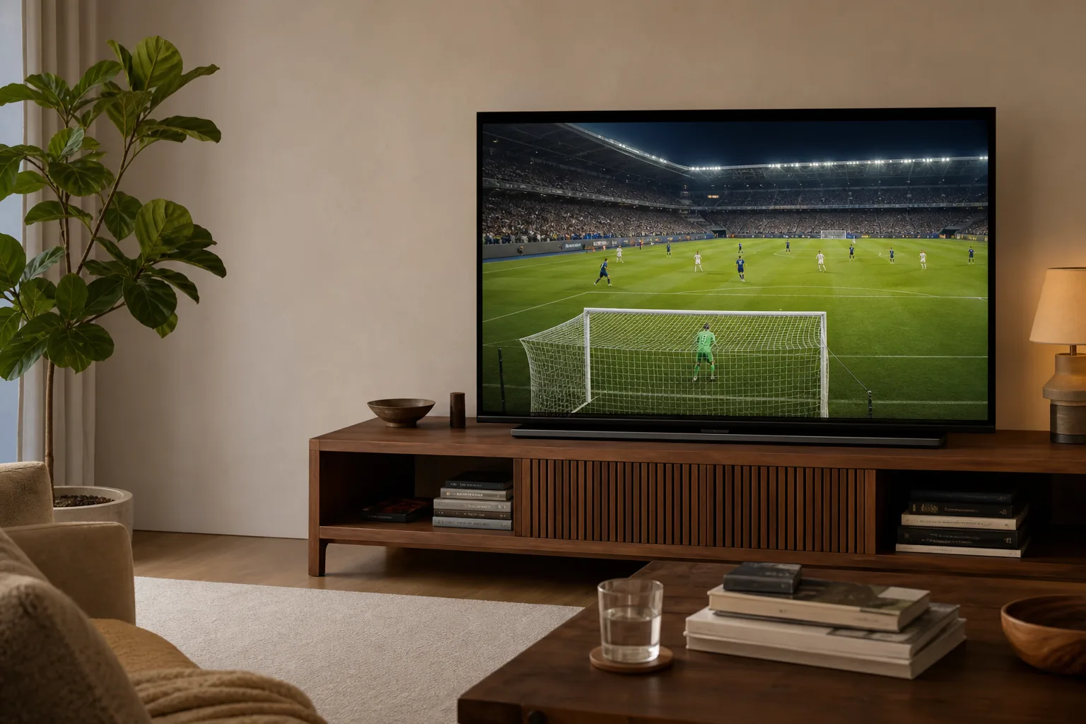 Live football playing on a large television in a contemporary living room
