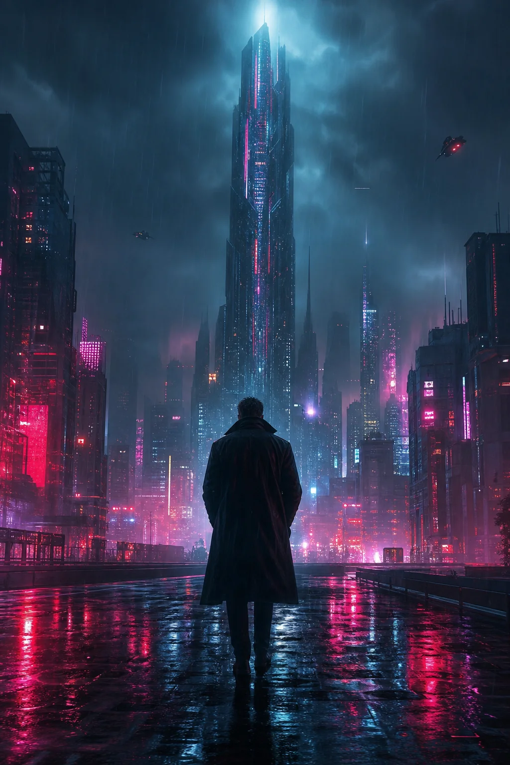 Original artwork for the fictional sci-fi thriller Neon Divide
