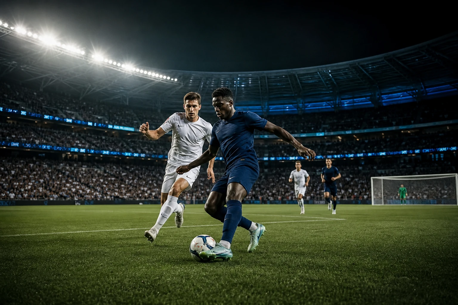 Live soccer players competing under stadium lights