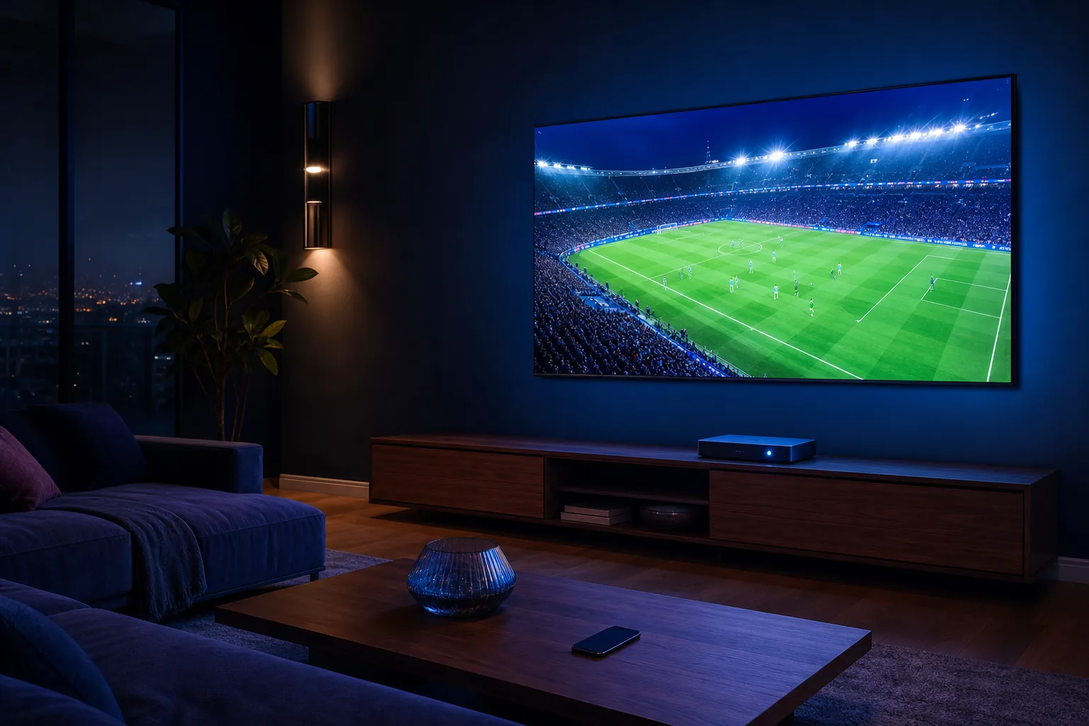 A modern living room with a live football match playing on a wall-mounted television