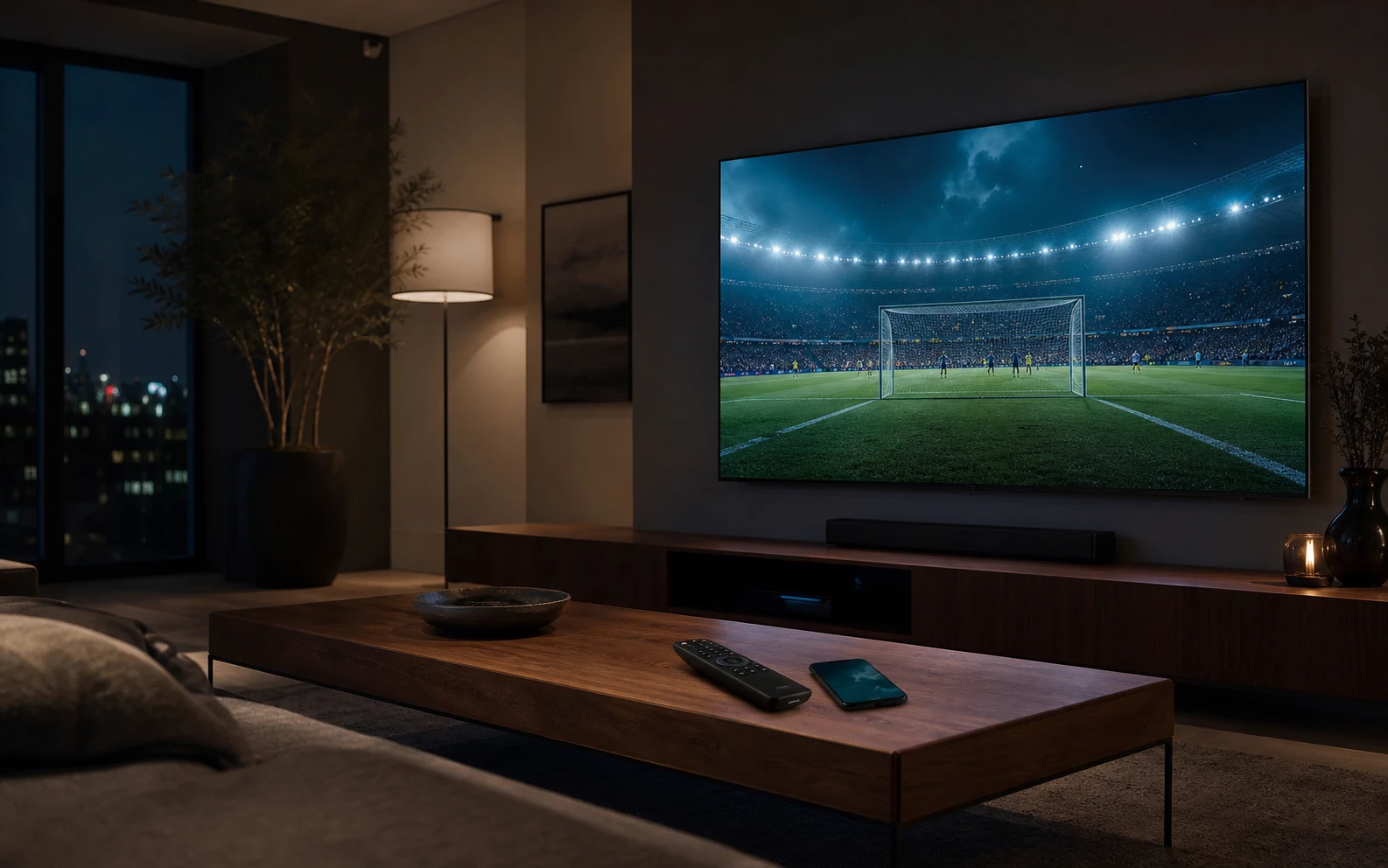 A modern living room with live sports on television
